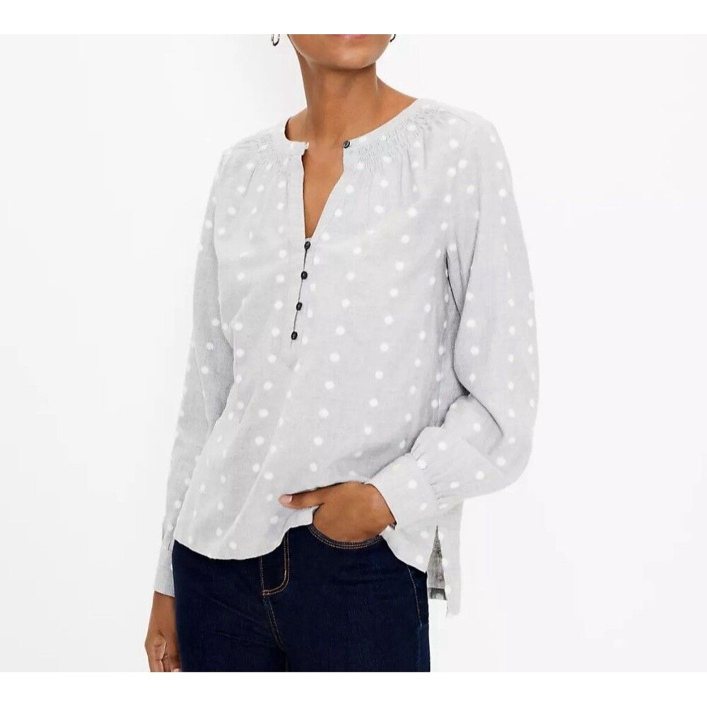LOFT  Women’s  Clip Dot Henley Blouse Top Tunic  Boho Cotton  Gray and White XS
